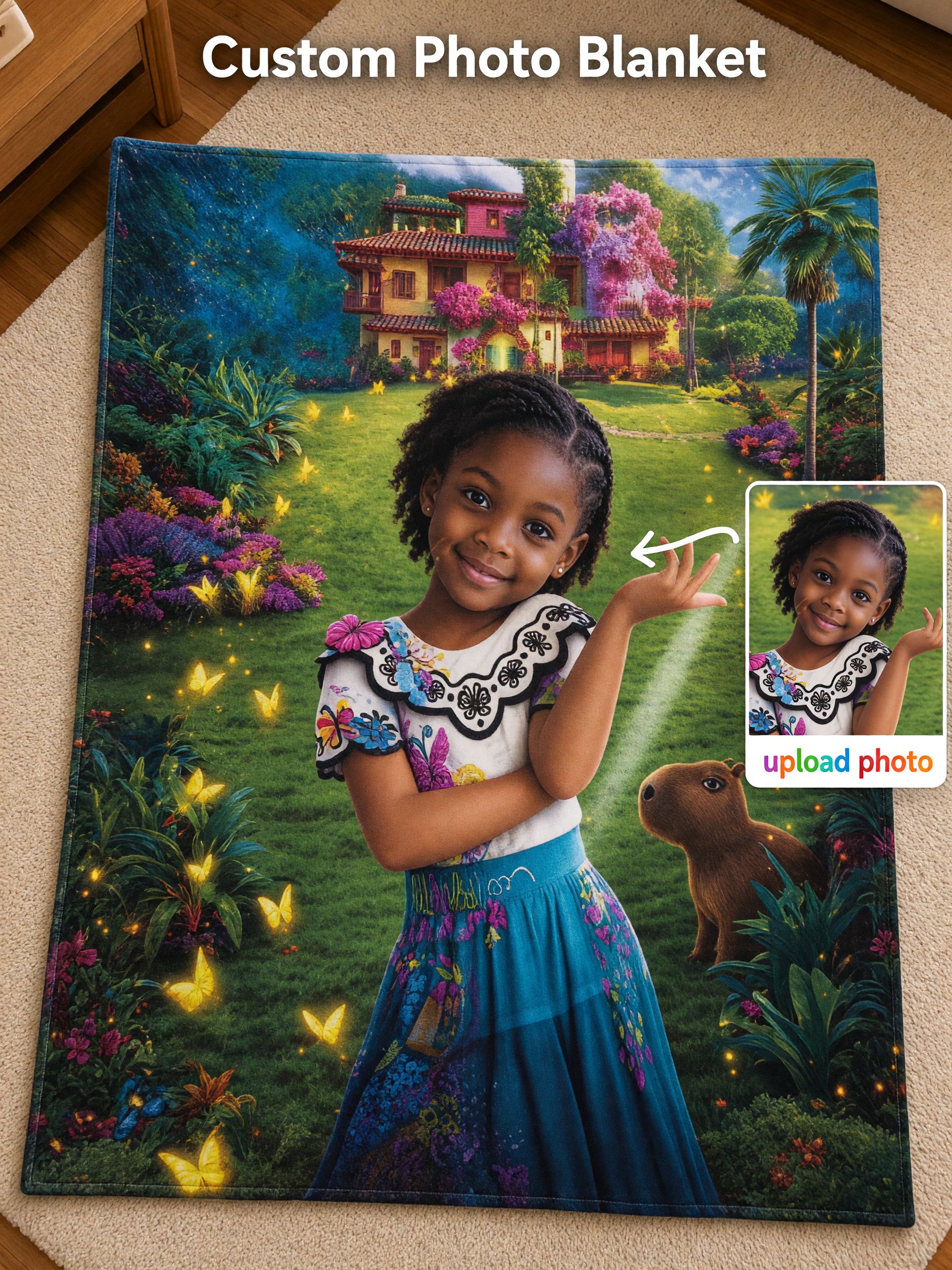 Custom Face Photo Blanket Personalized Flannel Throw, Soft Magical Garden Fleece Blanket for Kids Family Gift