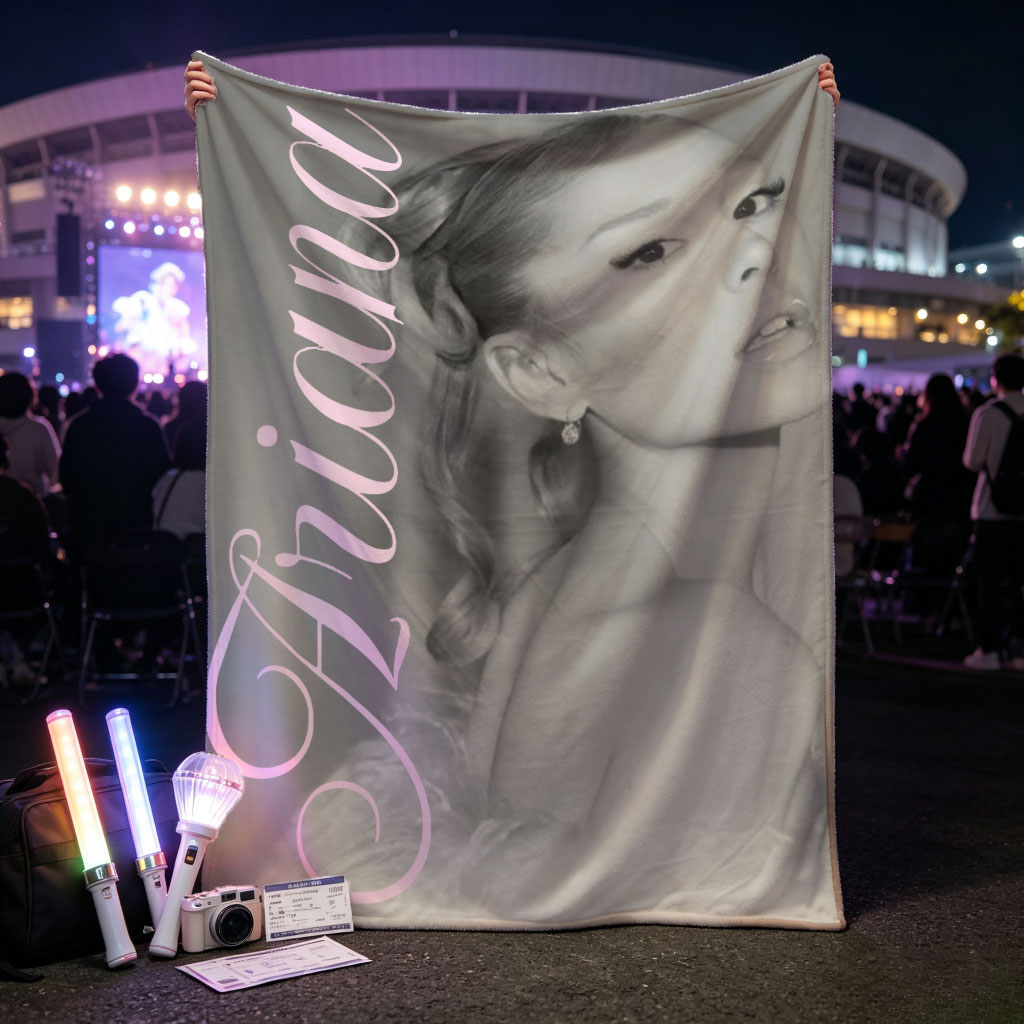Ariana Grande Elegant Black and White Portrait with Pink Text Overlay - Blankets