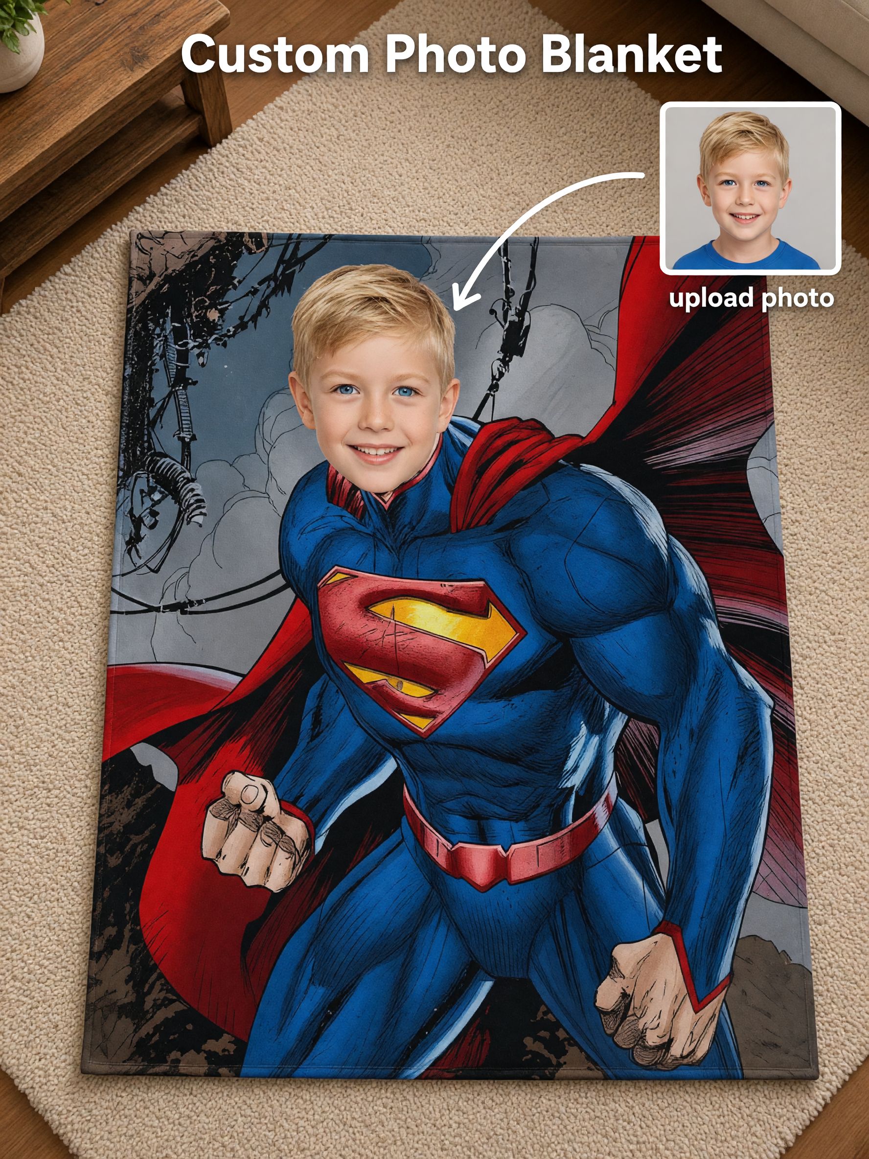 Custom Face Superhero Blanket Personalized Photo Flannel Fleece Throw Soft Warm Bed Couch Throw for Kids and Adults