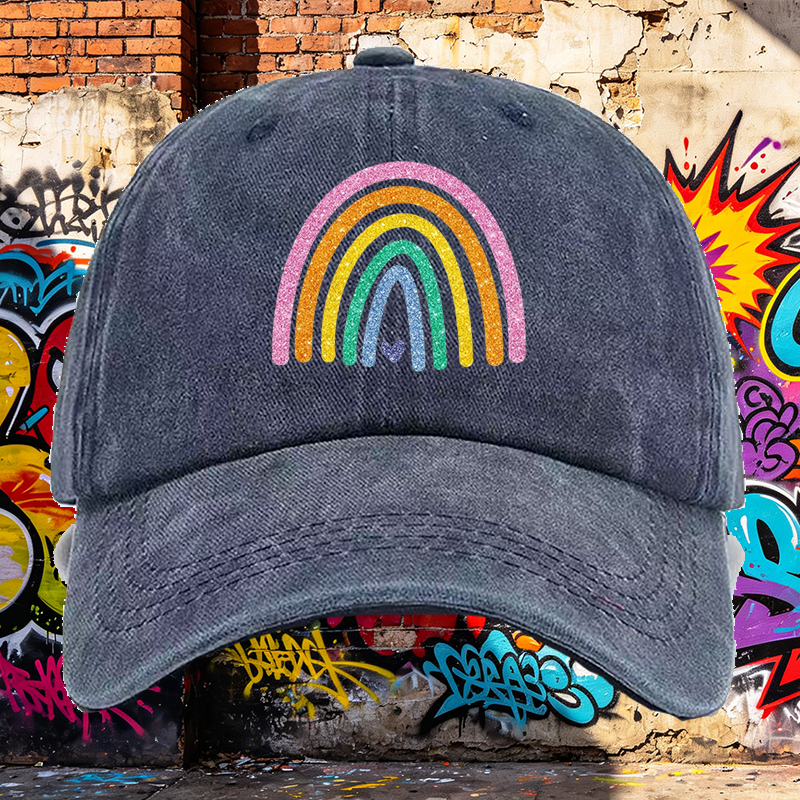Men's Printed Washed Cap with Glitter Rainbow Heart Design - Casual Round Brim Summer Lightweight Cotton Hat for Outdoor Activities, Beach, Travel - Ideal for Young Adults and Trendy Men