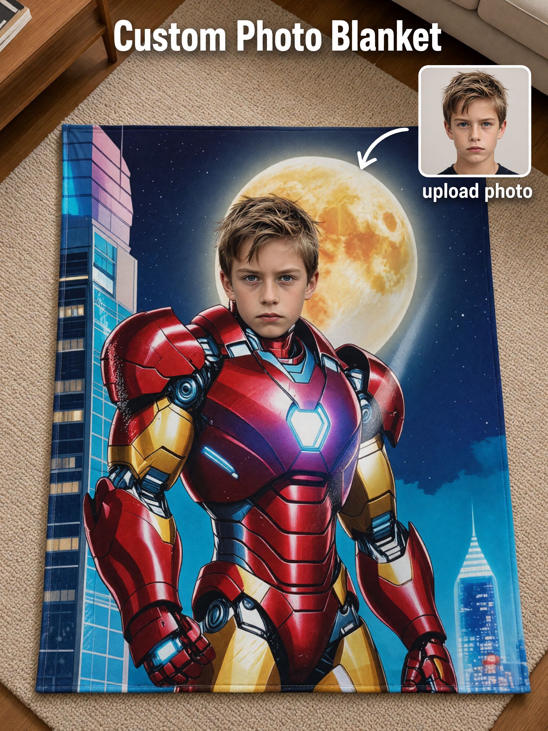 Personalized Photo Face Superhero Flannel Blanket Ultra Soft Plush Throw Ideal Custom Hero Birthday Gift for Kids