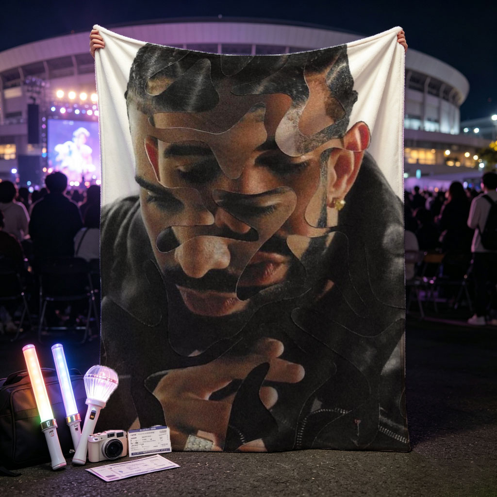 Drake in a Stylish Pose with Camouflage Overlay Effect - Blankets