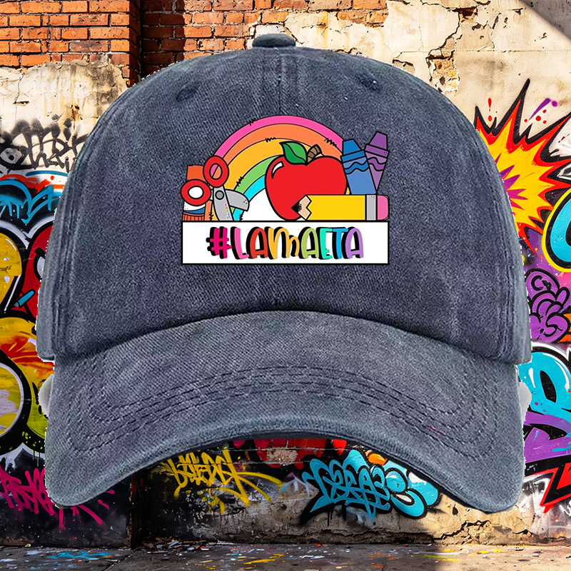 Men's Printed Washed Cap with Rainbow Apple Crayon Design #LAMAAETA Casual Round Neck Summer Lightweight Washed Hat for Outdoor Activities and Daily Wear Adults Unisex Style