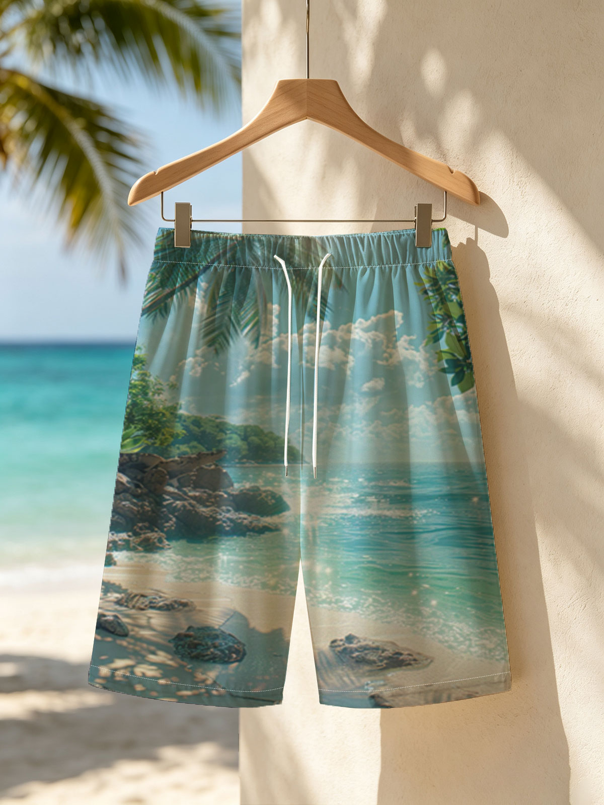 Tropical Beach with Palm Trees and Crystal Clear Water -  Beach shorts