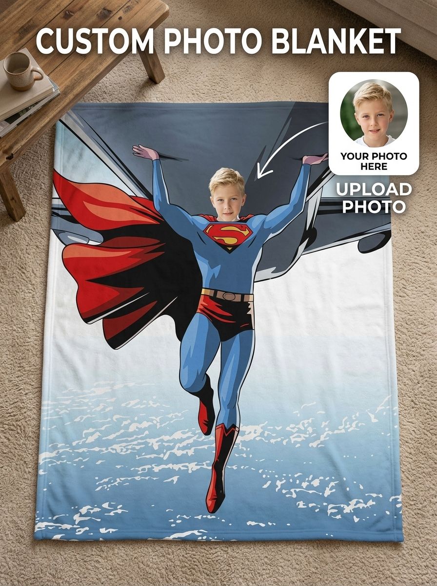 Custom Superhero Photo Blanket Personalized Face Flannel Fleece Throw Soft Warm Bed Couch Keepsake Gift for Kids