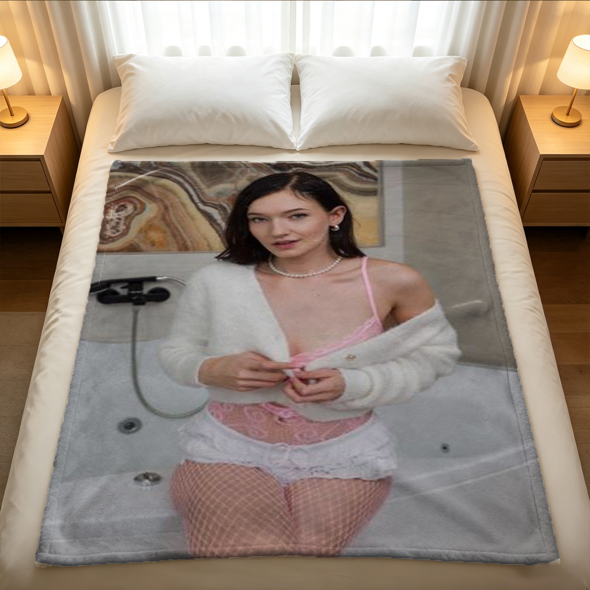 A woman with a red floral hair accessory, wearing an open white shirt, sits barefoot in a luxurious bathtub. - Blanket