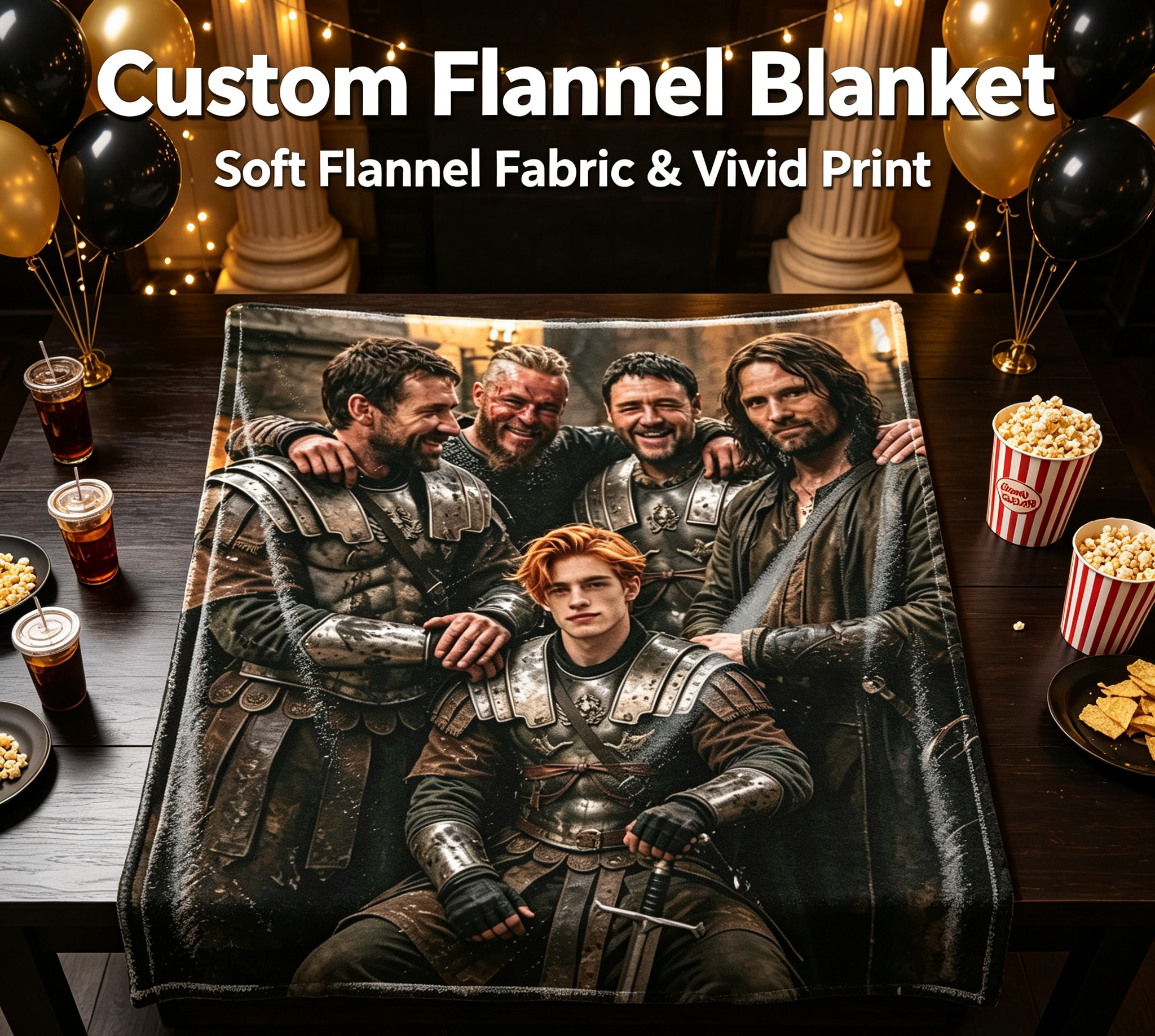 Custom Face Blanket Featuring Medieval Warriors in Armor Flannel Blanket Perfect for Couch or Bed Cozy Gift for Fantasy Fans and Movie Lovers