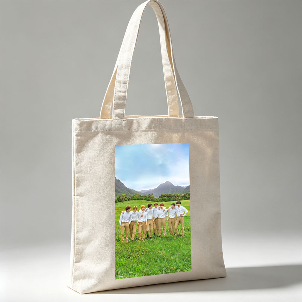BTS in a Serene Mountain Field Wearing Matching White Shirts and Beige Pants - Canvas tote bags