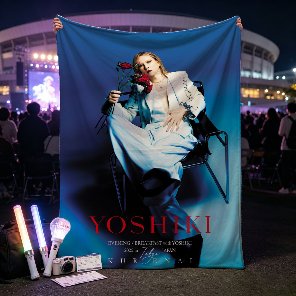 YOSHIKI Evening Breakfast with YOSHIKI 2025 in Tokyo Japan KURENAI Poster Featuring YOSHIKI Seated on Chair Holding Red Roses Against Blue Background - Blankets