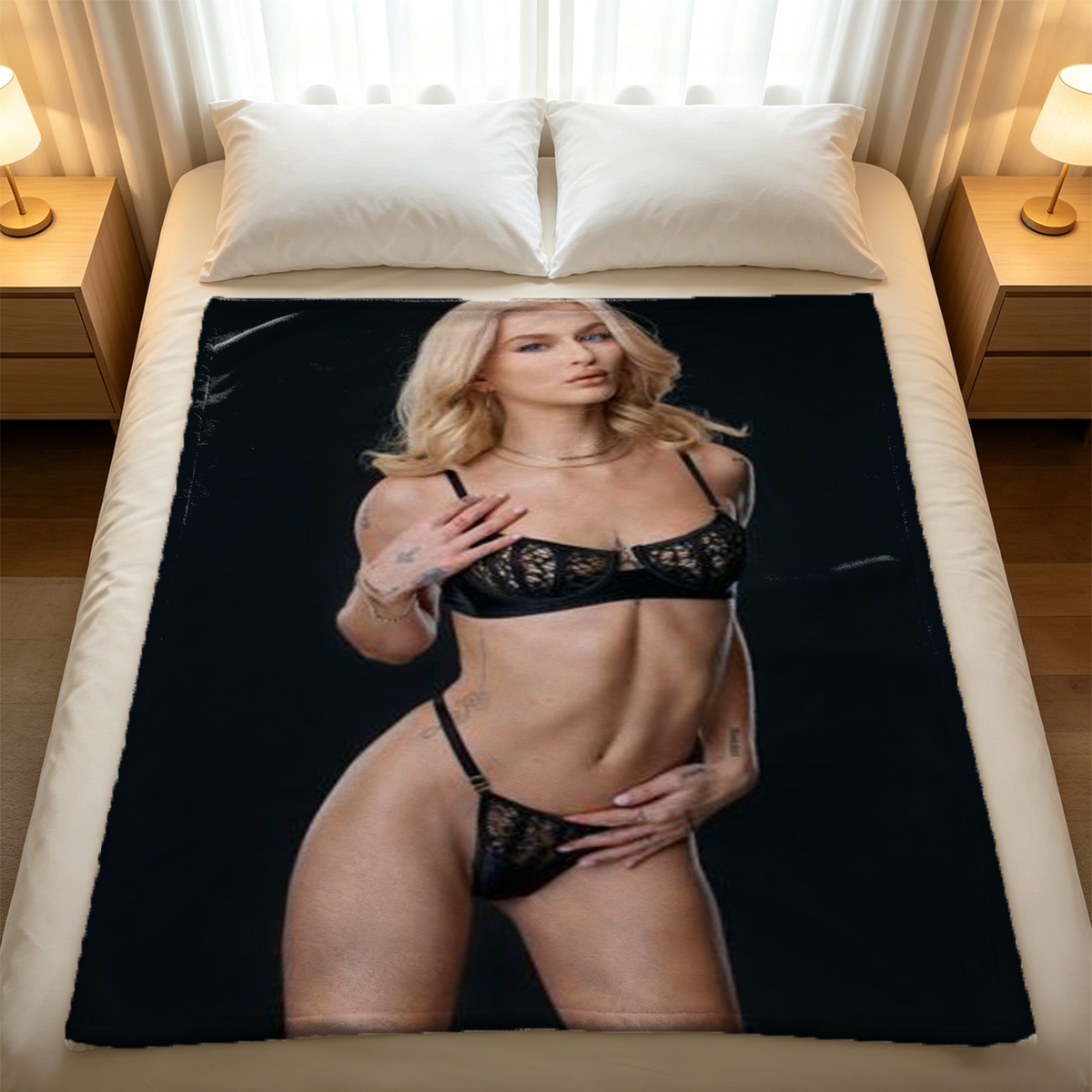 Two Elegant Women in Chic Black Dresses Posing in a Luxurious Studio. - Blanket