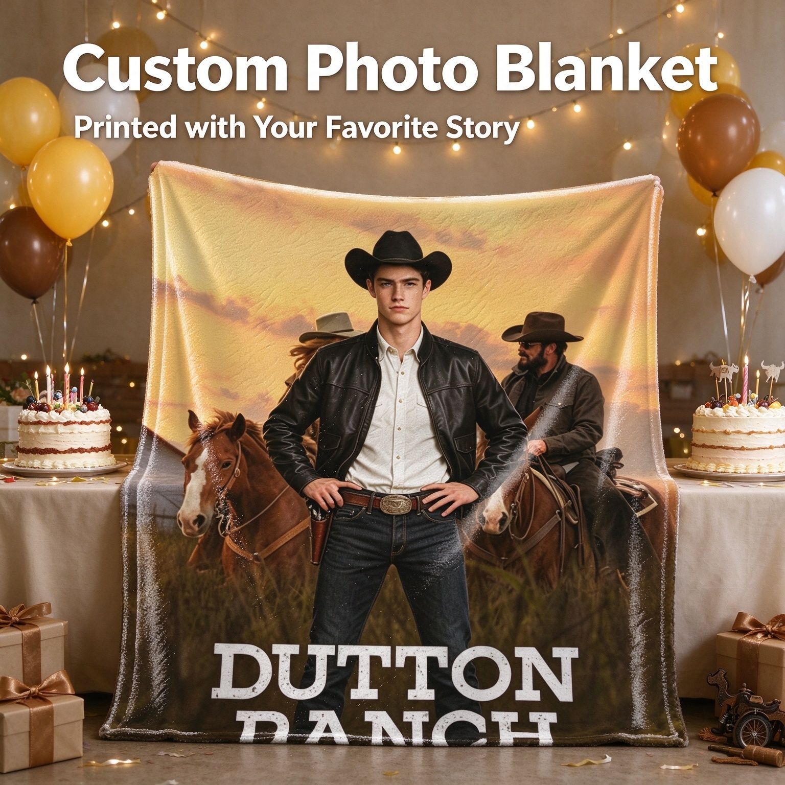 Personalized Custom Face Blanket Western Cowboy Style Soft Flannel Fleece Throw Skin Friendly Anti Pilling Keepsake Gift