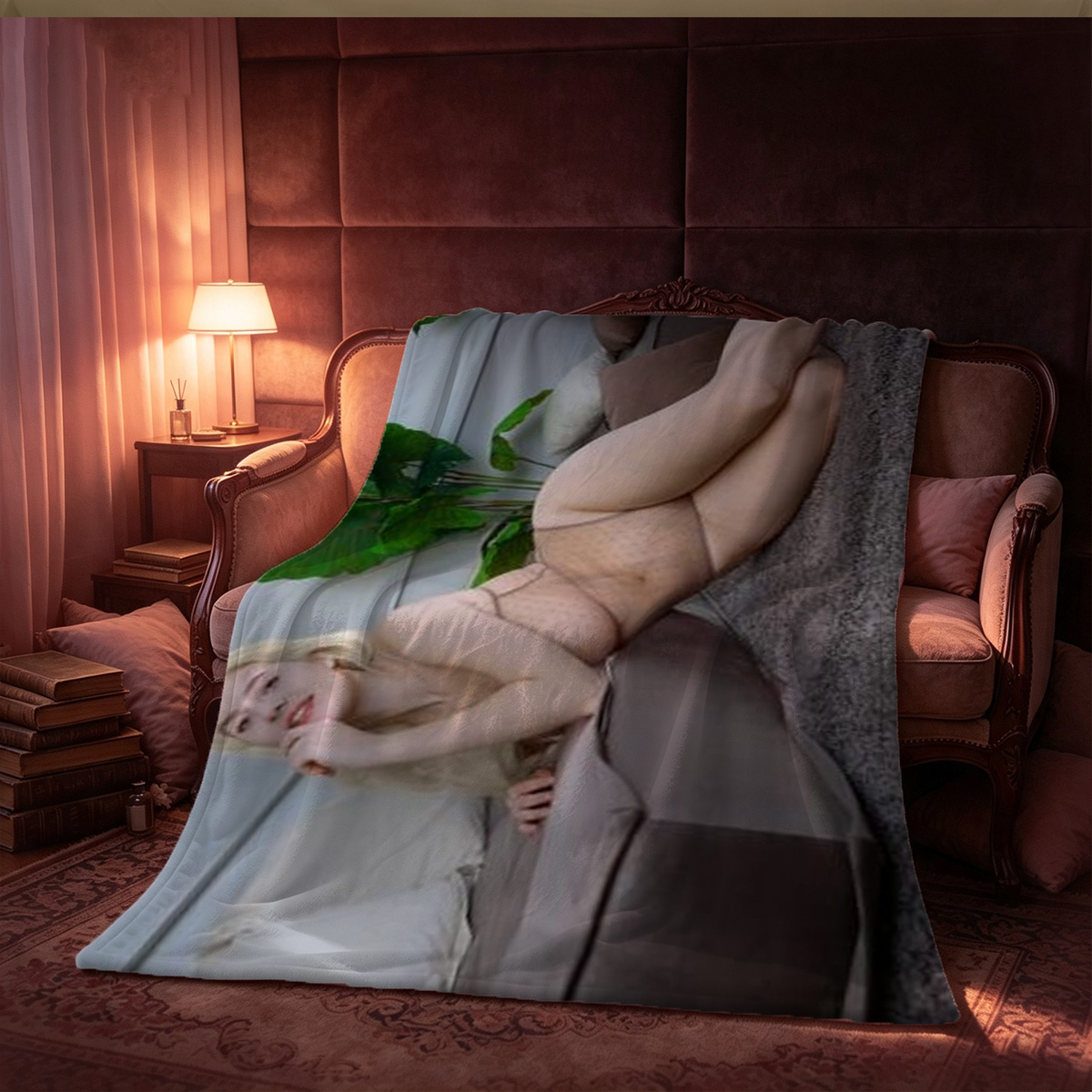 A beautiful woman in black lace lingerie posing seductively in a lavender field. - Blanket