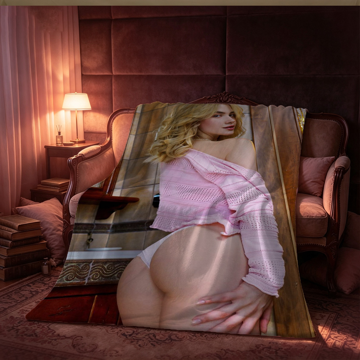 Redhead in black lingerie posing on vintage sofa - Blanket