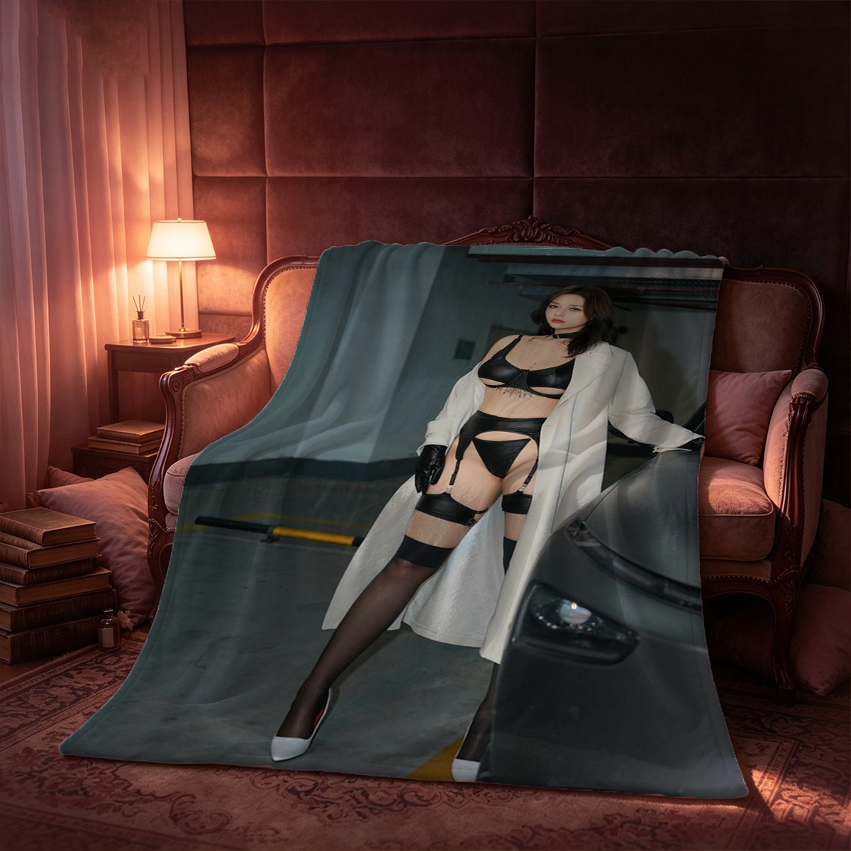 Gal Gadot in leopard print bikini posing on couch - Blanket