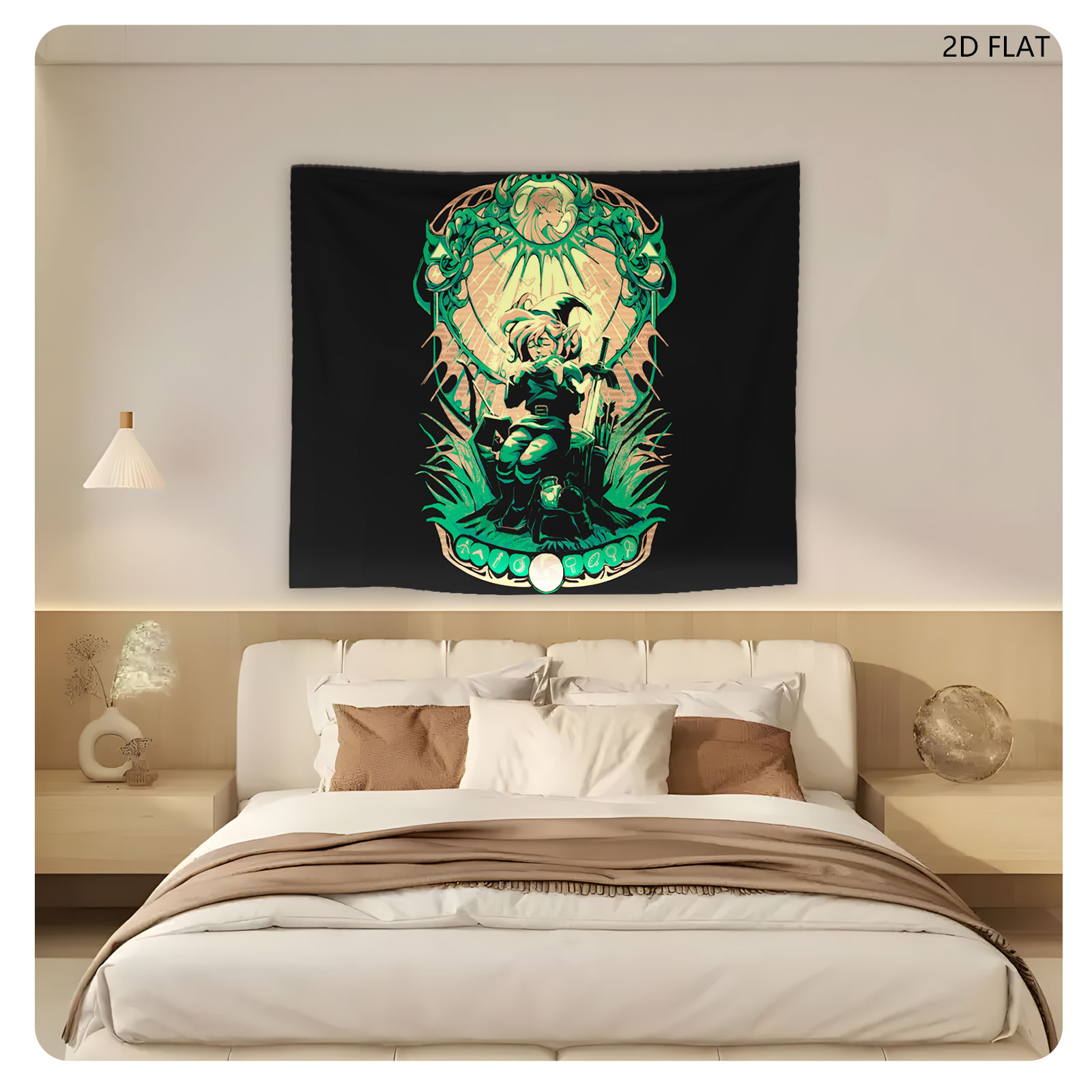 Link from The Legend of Zelda, wielding sword and shield, framed by ornate green design with Triforce symbols - Tapestry