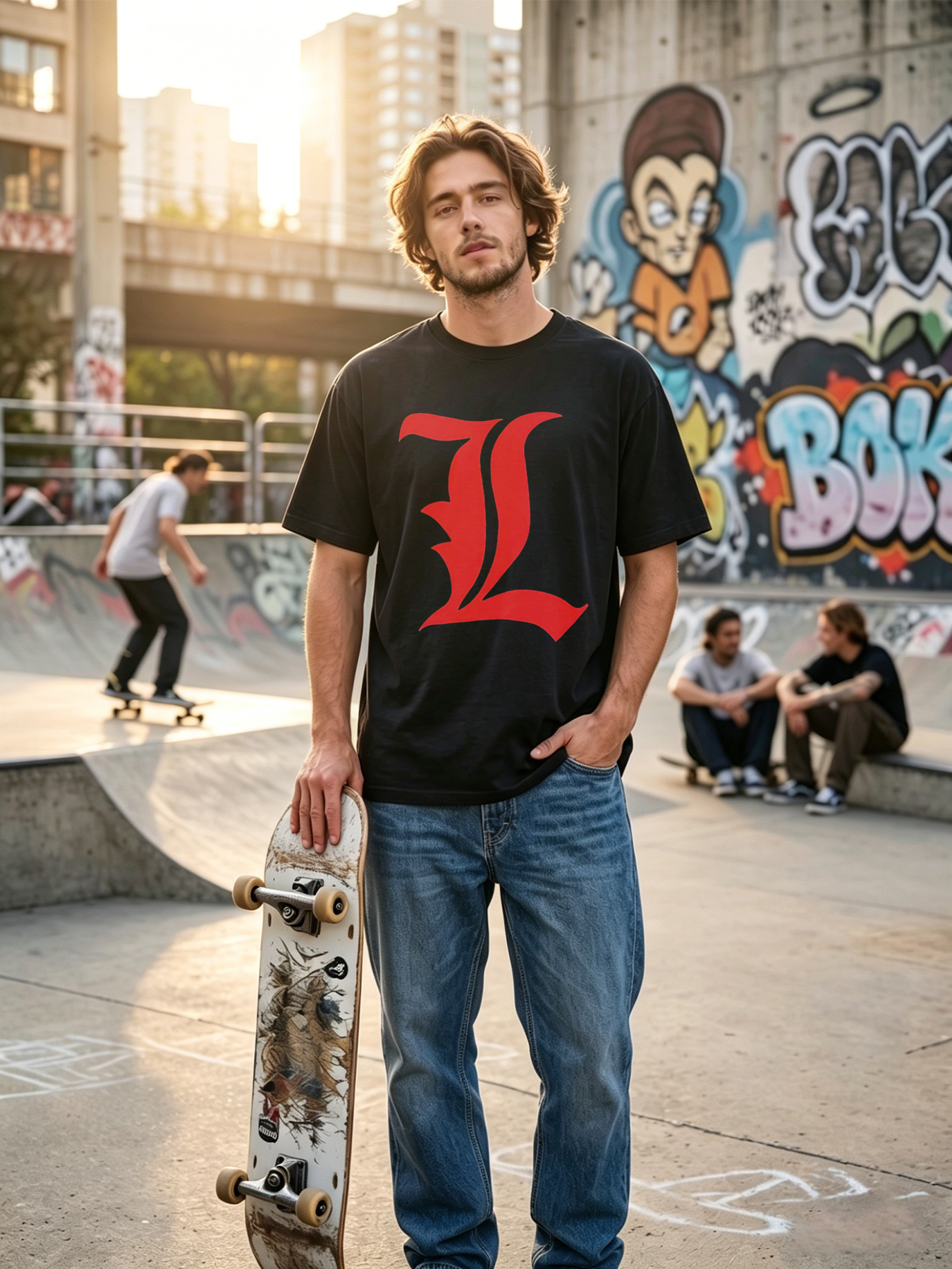 Men's Printed T-Shirt with Bold Red Gothic Letter L Design Casual Round Neck Summer Lightweight Breathable Short Sleeve T-Shirt for Everyday Wear and Outdoor Activities Suitable for Young Adults and Fashion-Lovers