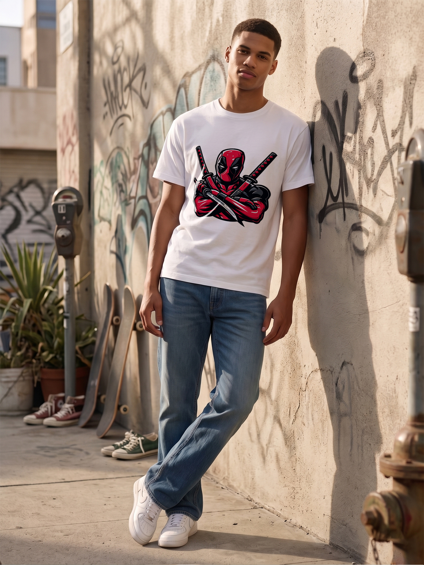 Men's Printed T-Shirt Deadpool Ninja Warrior Design Red Black Graphic Casual Round Neck Summer Lightweight Breathable Short Sleeve Tee for Fans and Comic Lovers