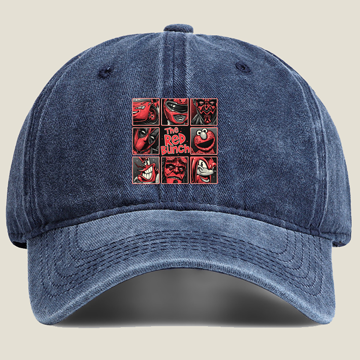 The Red Bunch: Lightning McQueen, Darth Maul, Deadpool, Elmo, Dr. Seuss's The Grinch, Hellboy, and Knuckles - Washed Denim - Baseball Cap