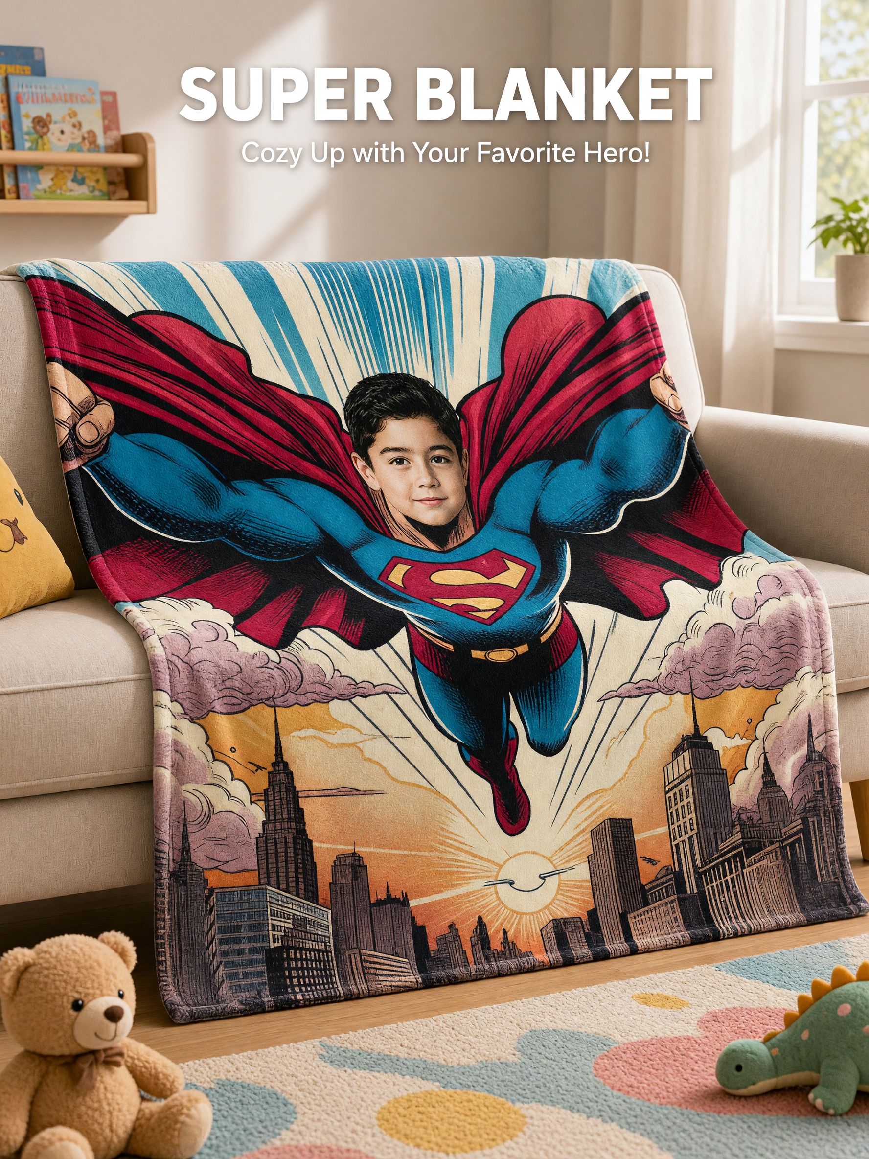 Custom Face Superhero Flannel Blanket, Personalized Photo Comic Fleece Throw, Ultra Soft Cozy Keepsake Gift for Kids