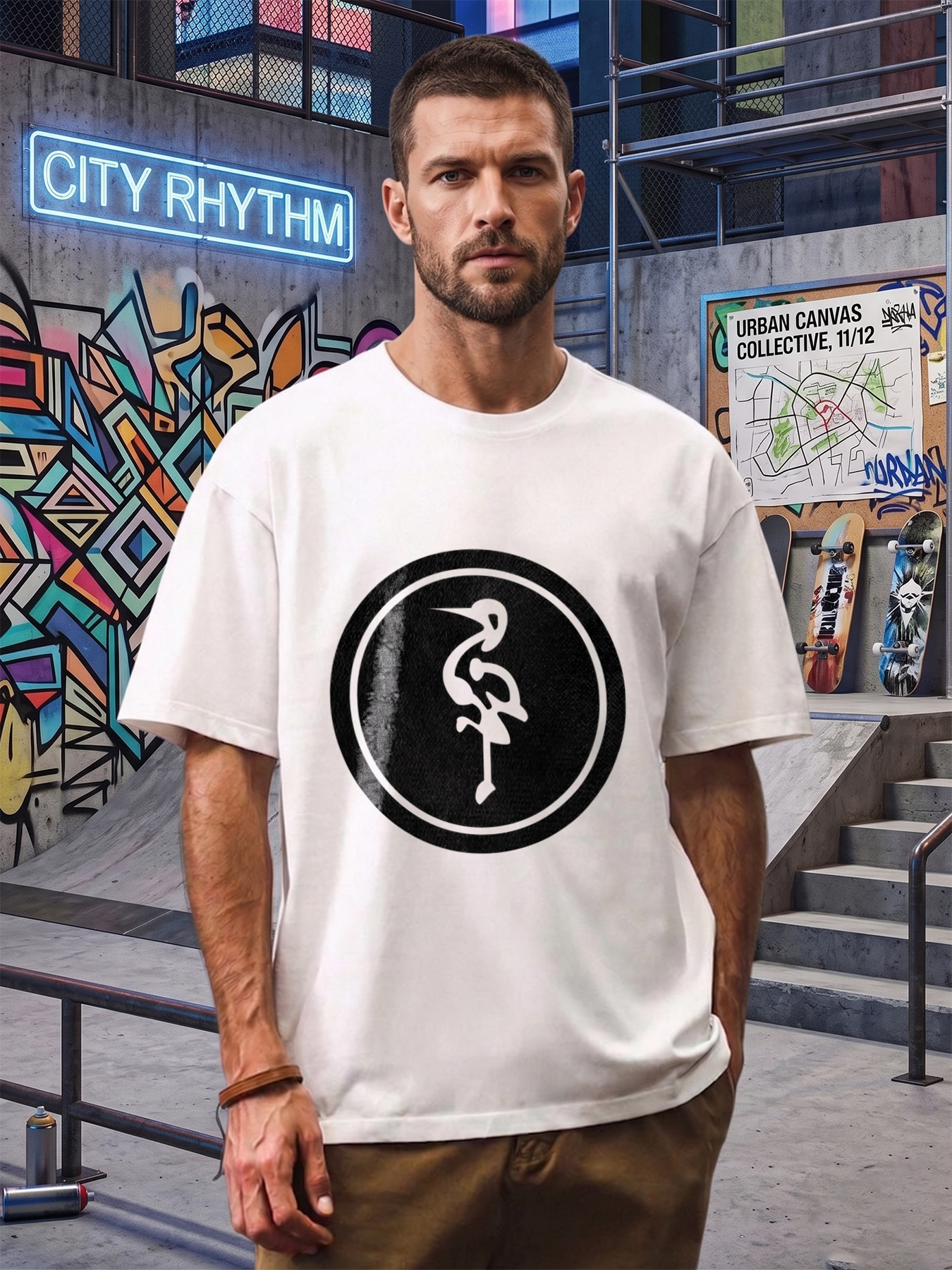Men's Printed T-Shirt with Minimalist Heron Bird Design in Oval Frame - Casual Round Neck Lightweight Breathable Summer Short Sleeve Tee for Outdoor Activities, Nature Lovers, and Urban Streetwear Enthusiasts