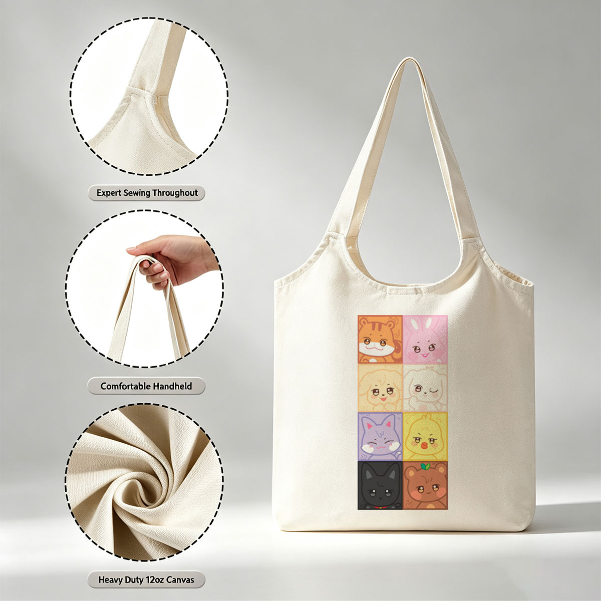 Cute Animal Characters Grid Featuring Kawaii Cartoon Animals in Colorful Squares - Canvas shoulder bags/