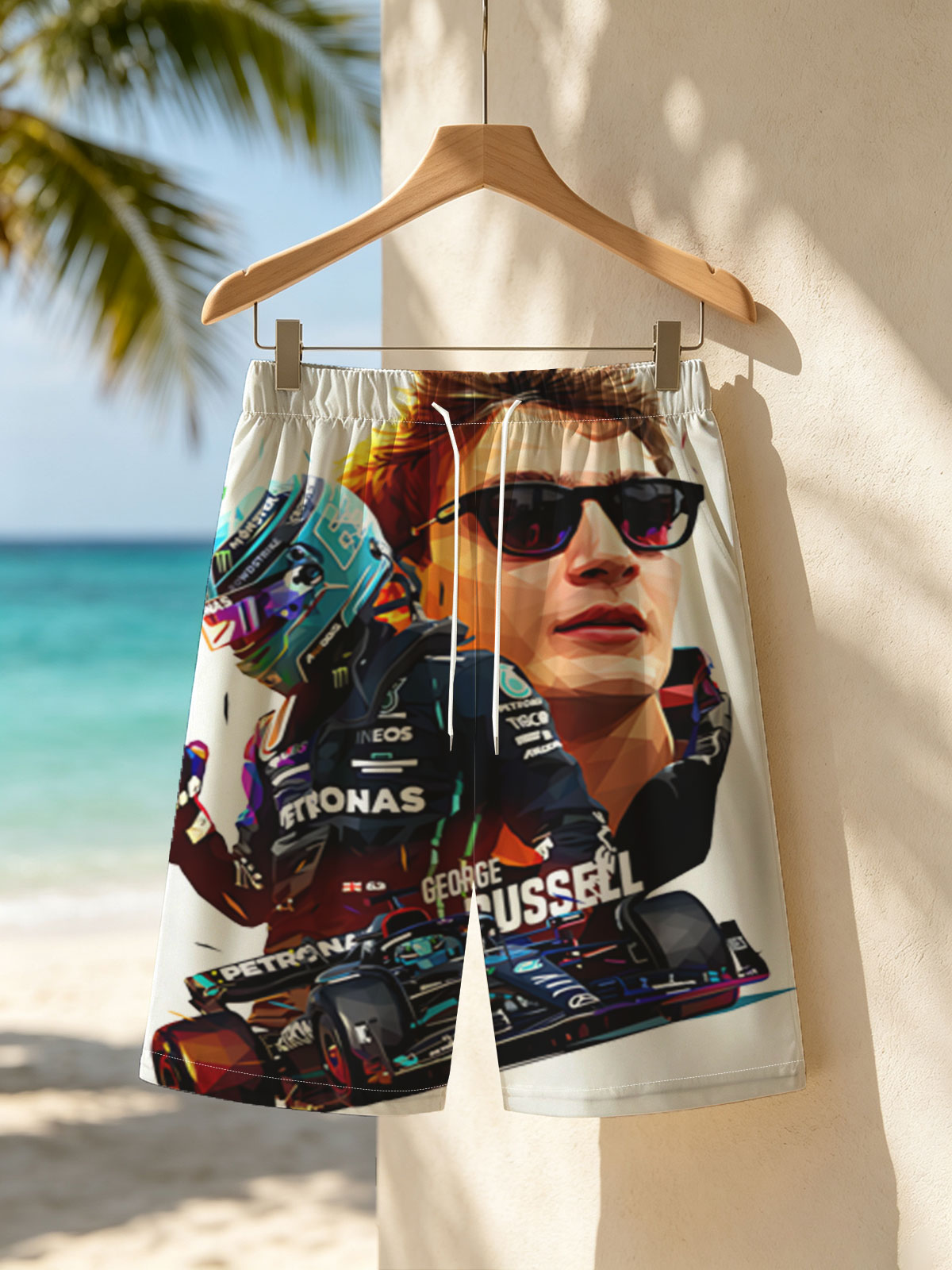 George Russell F1 Driver in Petronas Racing Gear with Formula 1 Car -  Beach shorts