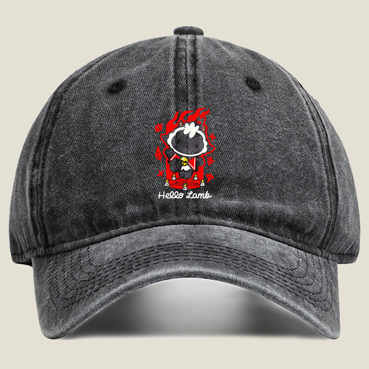 Hello Lamb: Dark Sheep with Flames and Ritual Symbols - Washed Denim - Baseball Cap