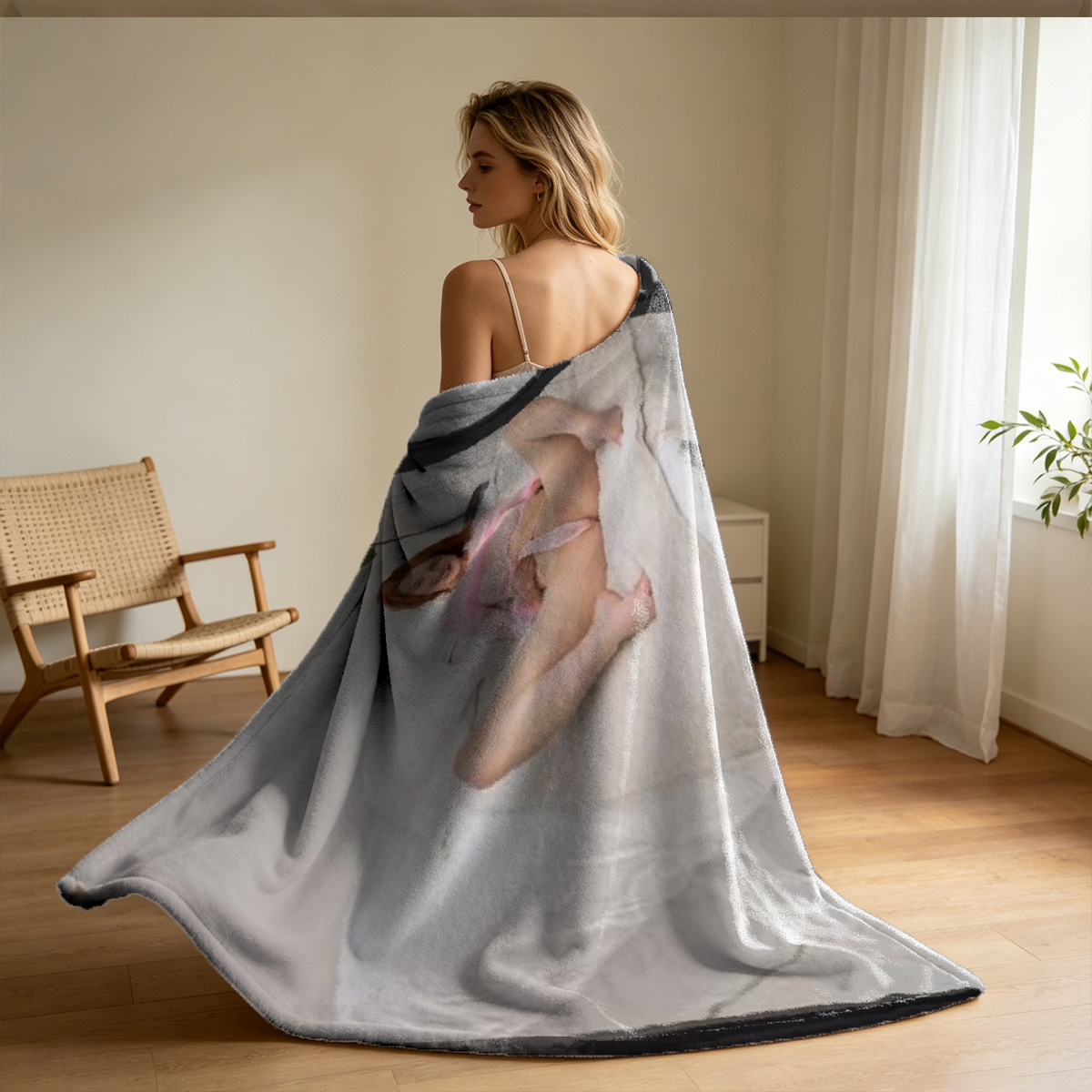 Two Women in Lingerie Kissing on Couch - Blanket