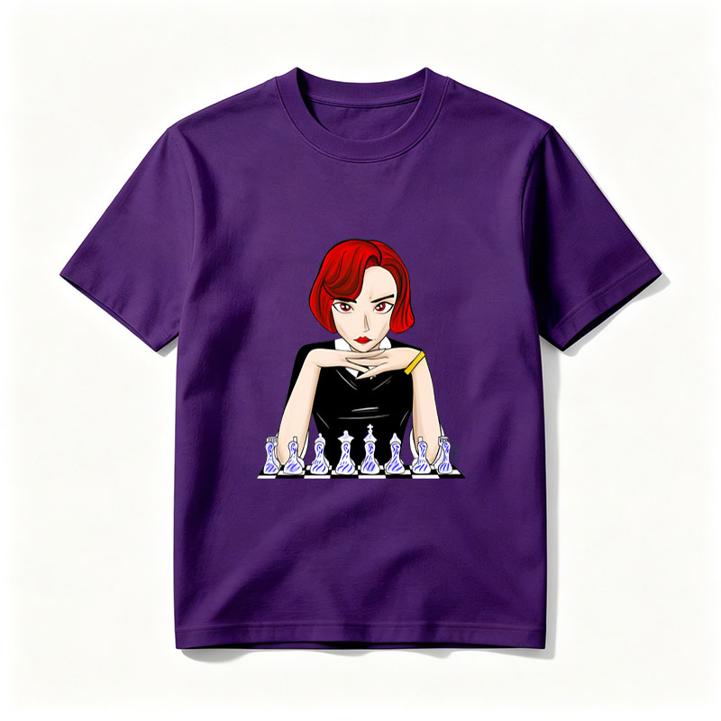 Red-Haired Woman in Black Dress Playing Chess - Tee
