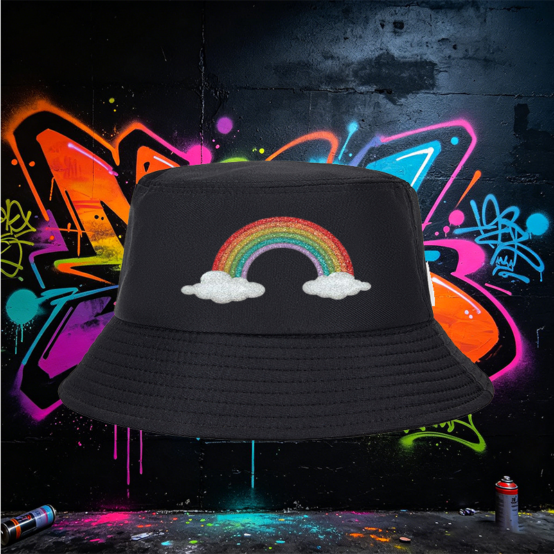 Unisex Rainbow Glitter Bucket Hat with Cloud Design - Classic Fisherman Hat for Outdoor Activities, Beach, Travel, and Casual Wear - Perfect for Youth, Adults, and Fashion Lovers Seeking Vibrant Style