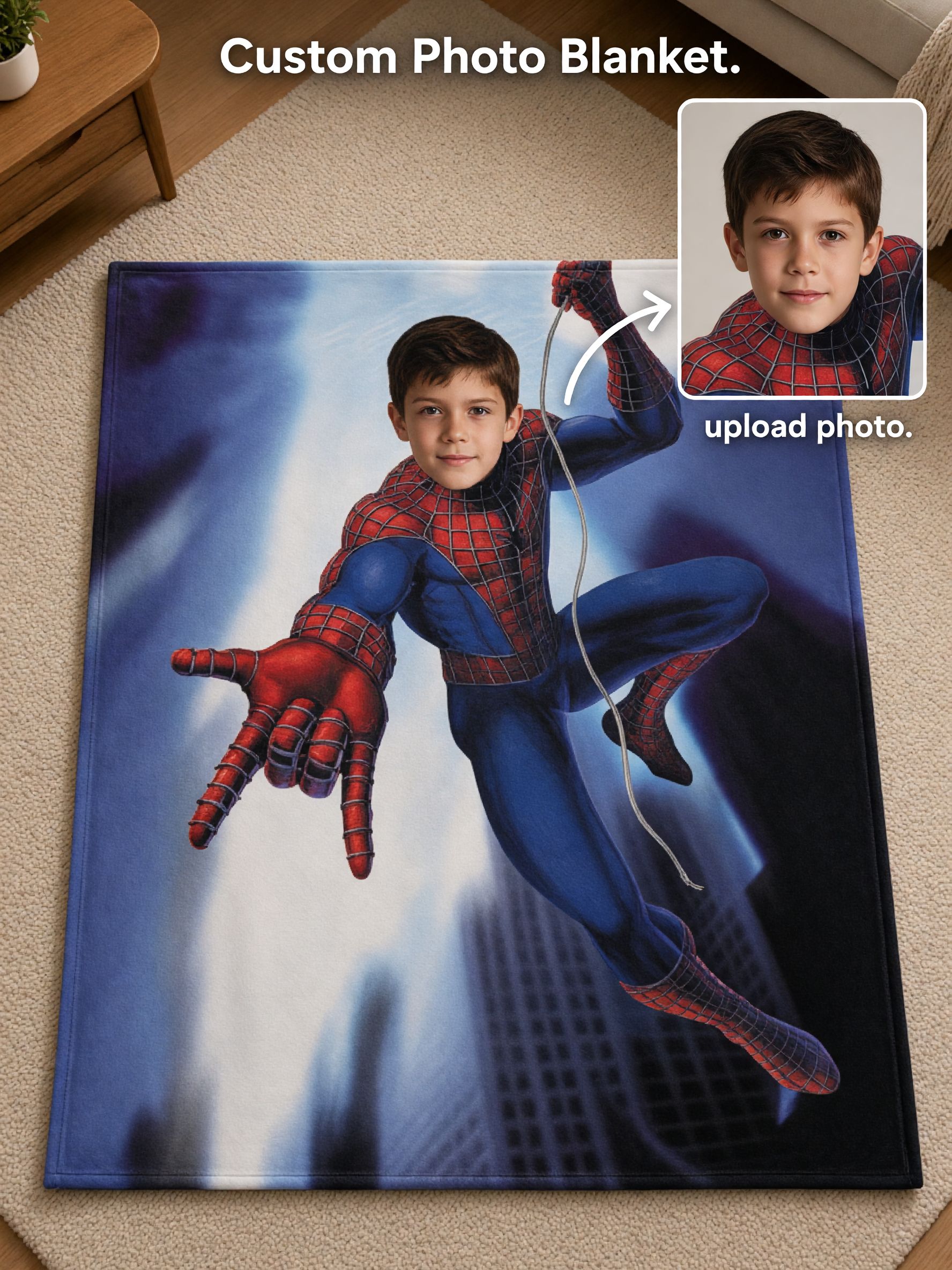 Personalized Superhero Photo Blanket Custom Face Flannel Fleece Throw Soft Cozy Warm Bedding Keepsake Gift for Kids