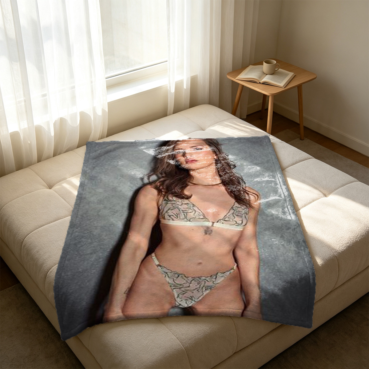 Rina Akiyama in orange bikini smiling on rope - Blanket
