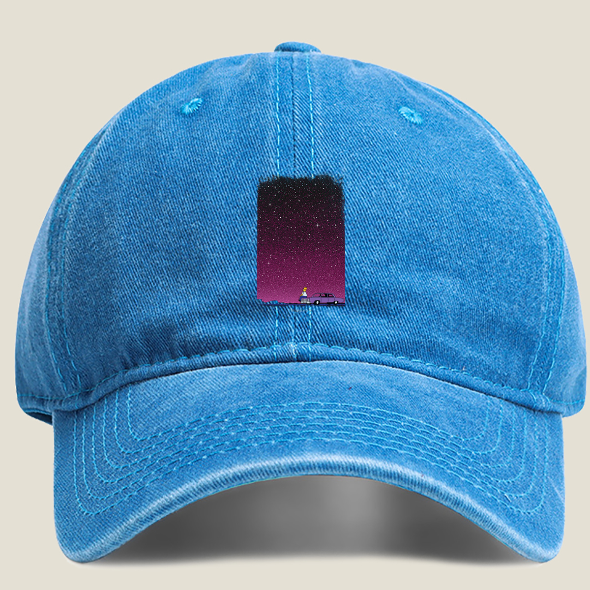 Homer Simpson Stares at the Stars in a Purple Sky - Washed Denim - Baseball Cap