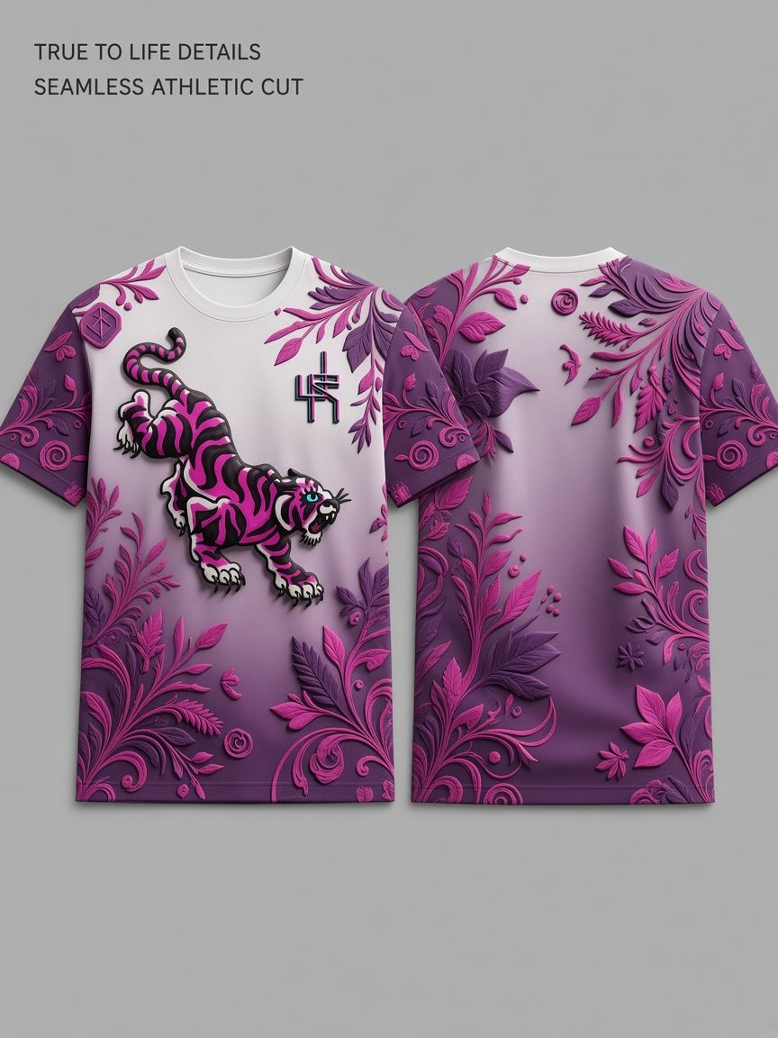 Purple Tiger Floral 3D Optical Illusion Graphic Tee Breathable Athletic Mesh T-Shirt Casual and Sports Wear