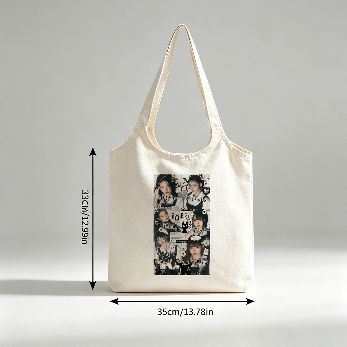 IVE Members in a Stylish Collage Featuring Fashion, Music Notes, and Cute Icons - Canvas shoulder bags/