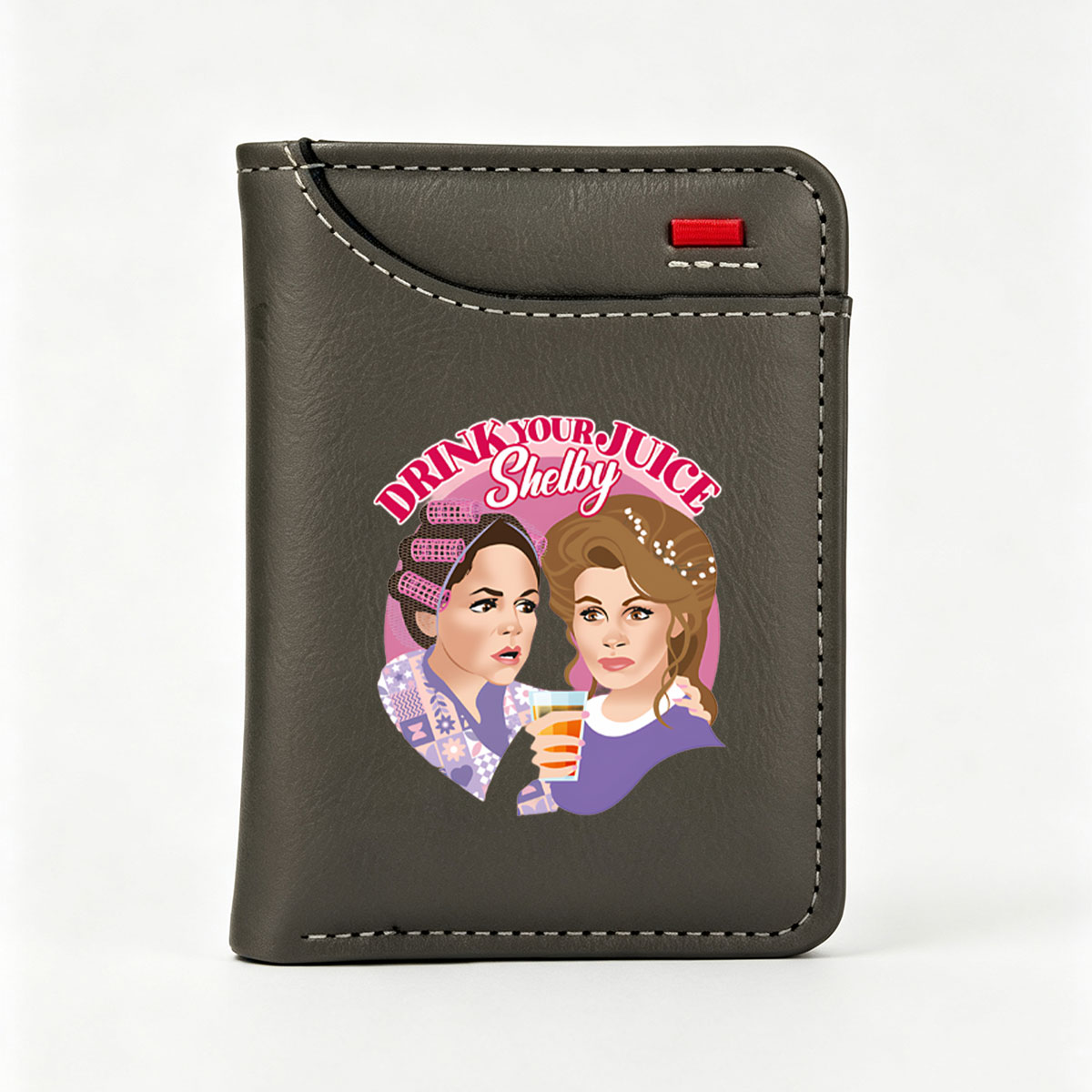 Drink Your Juice Shelby: Two Women with Hair Rolls and a Glass of Juice - Vertical Style Wallet