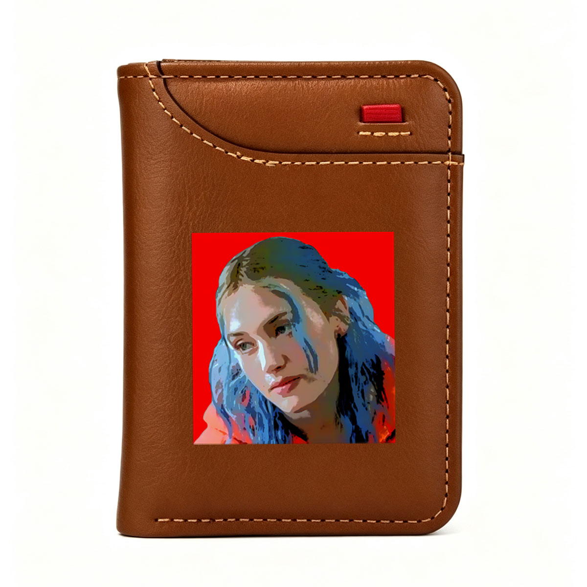 Portrait of a Woman with Blue Hair Against Red Background - Vertical Style Wallet