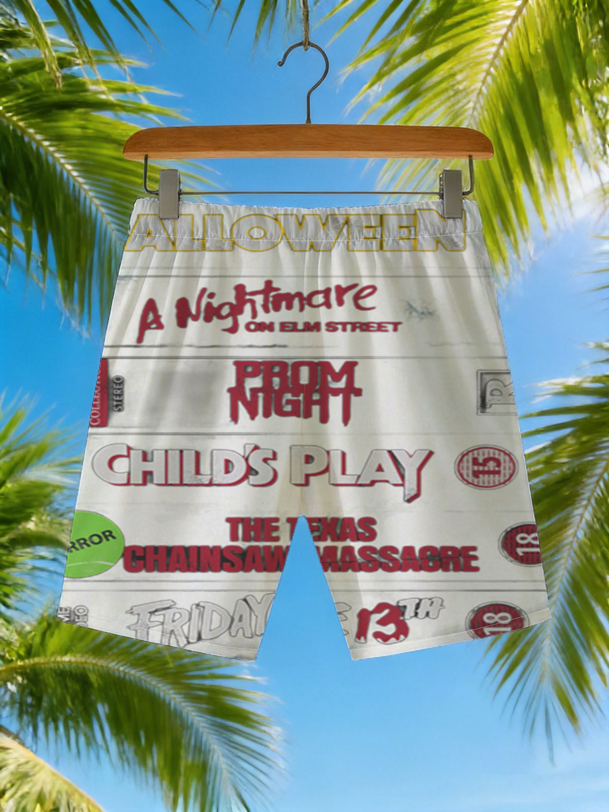 Halloween Horror Collection: A Nightmare on Elm Street, Prom Night, Child's Play, The Texas Chainsaw Massacre, Friday the 13th -  Beach shorts