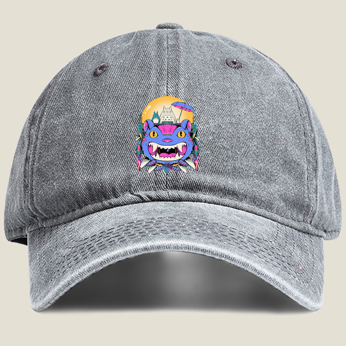 Totoro and Cheshire Cat in Space Adventure - Washed Denim - Baseball Cap