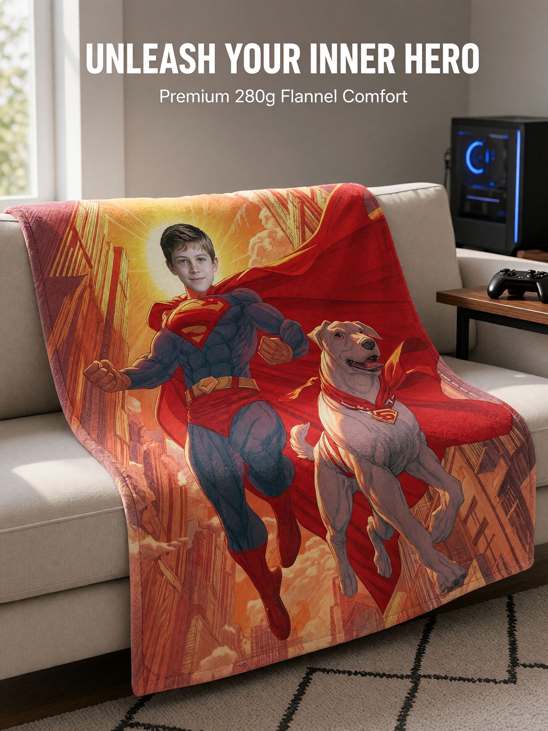 Custom Superhero Photo Face Flannel Blanket, Ultra Soft Personalized Hero Throw for Kids and Comic Fans