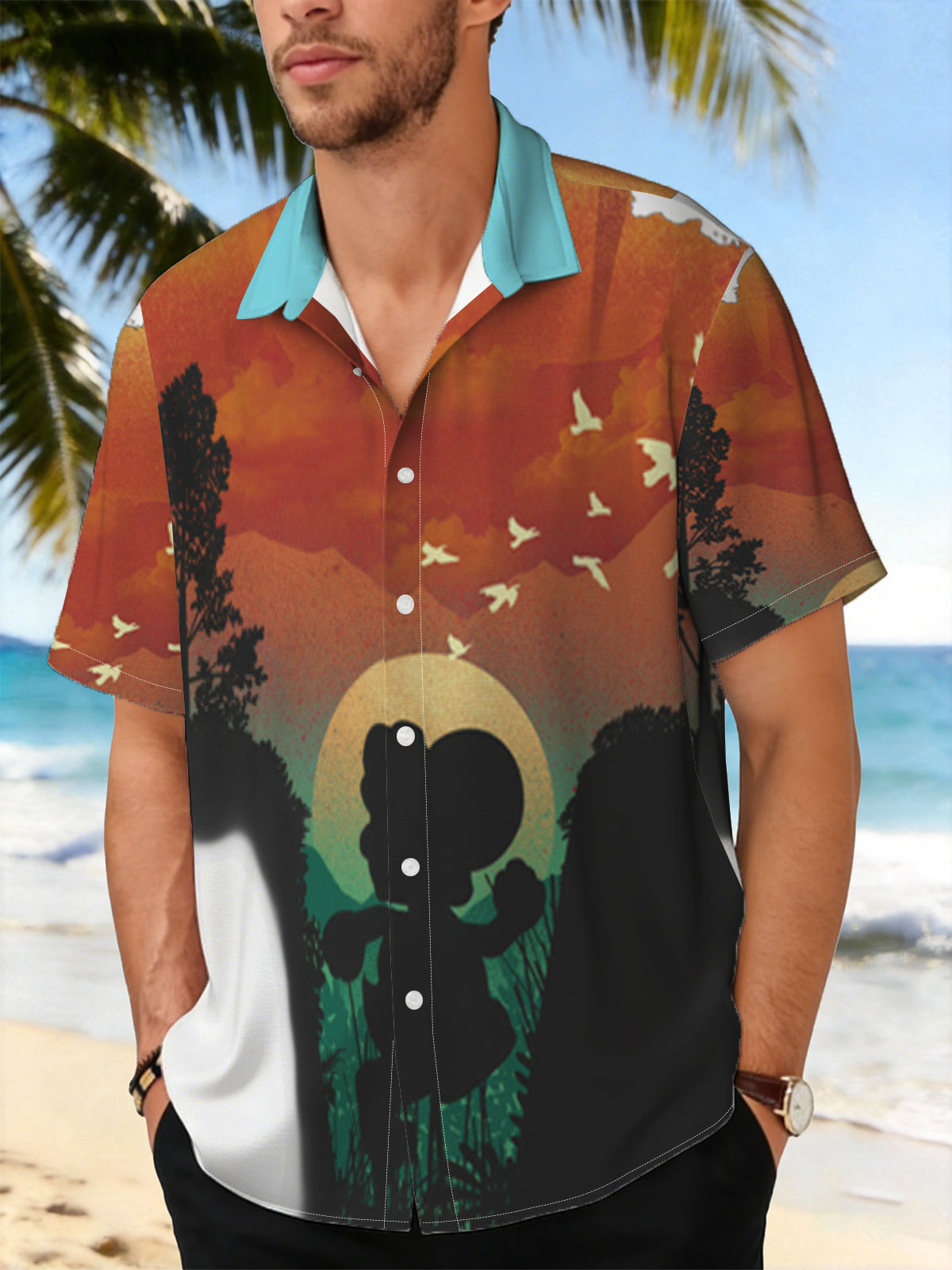 Mickey Mouse Silhouette at Sunset with Birds Flying -  Shirt