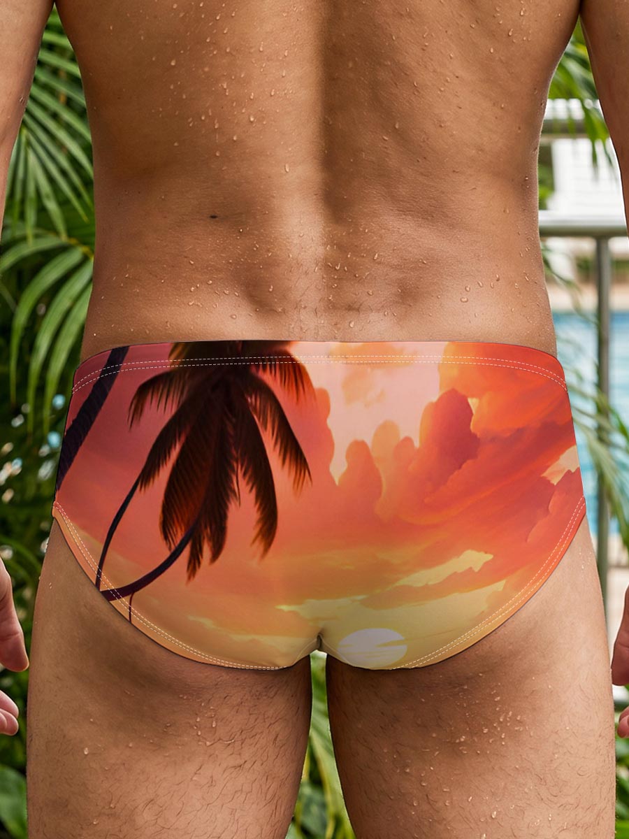 Tropical Sunset Beach with Palm Trees and Golden Waves -  Men's swim trunks
