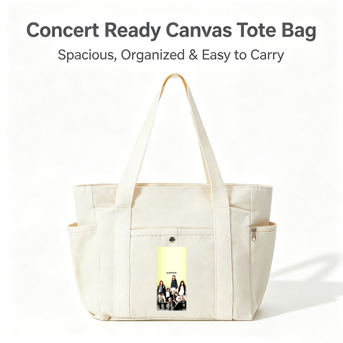 LE SSERAFIM Group Photo in School-Inspired Outfits on a Bright Green Background - Multi-pocket bags