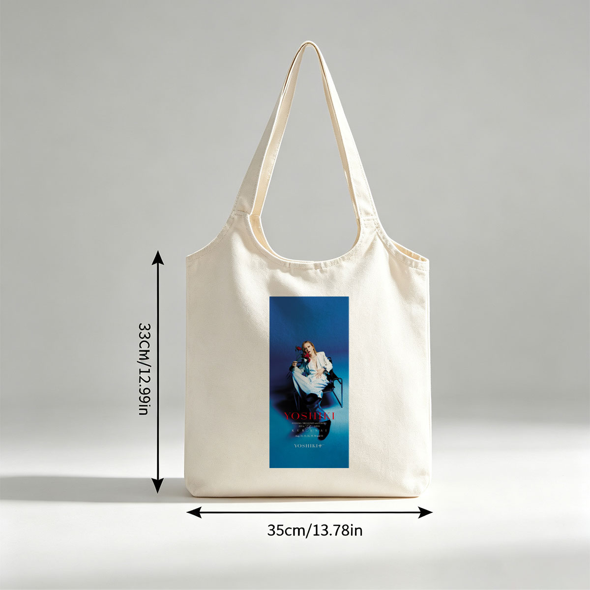 YOSHIKI Evening Breakfast with YOSHIKI 2025 in Tokyo Japan KURENAI Poster Featuring YOSHIKI Seated on Chair Holding Red Roses Against Blue Background - Canvas shoulder bags/
