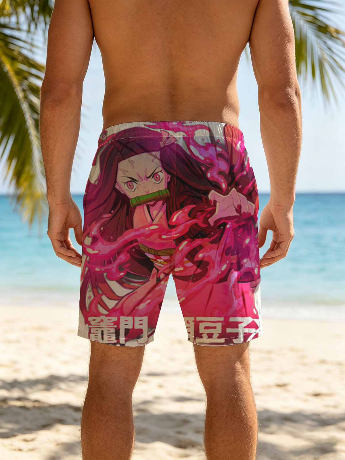 Nezuko Kamado from Demon Slayer: Kimetsu no Yaiba, depicted with intense pink flames and a fierce expression, showcasing her transformation. -  Beach shorts