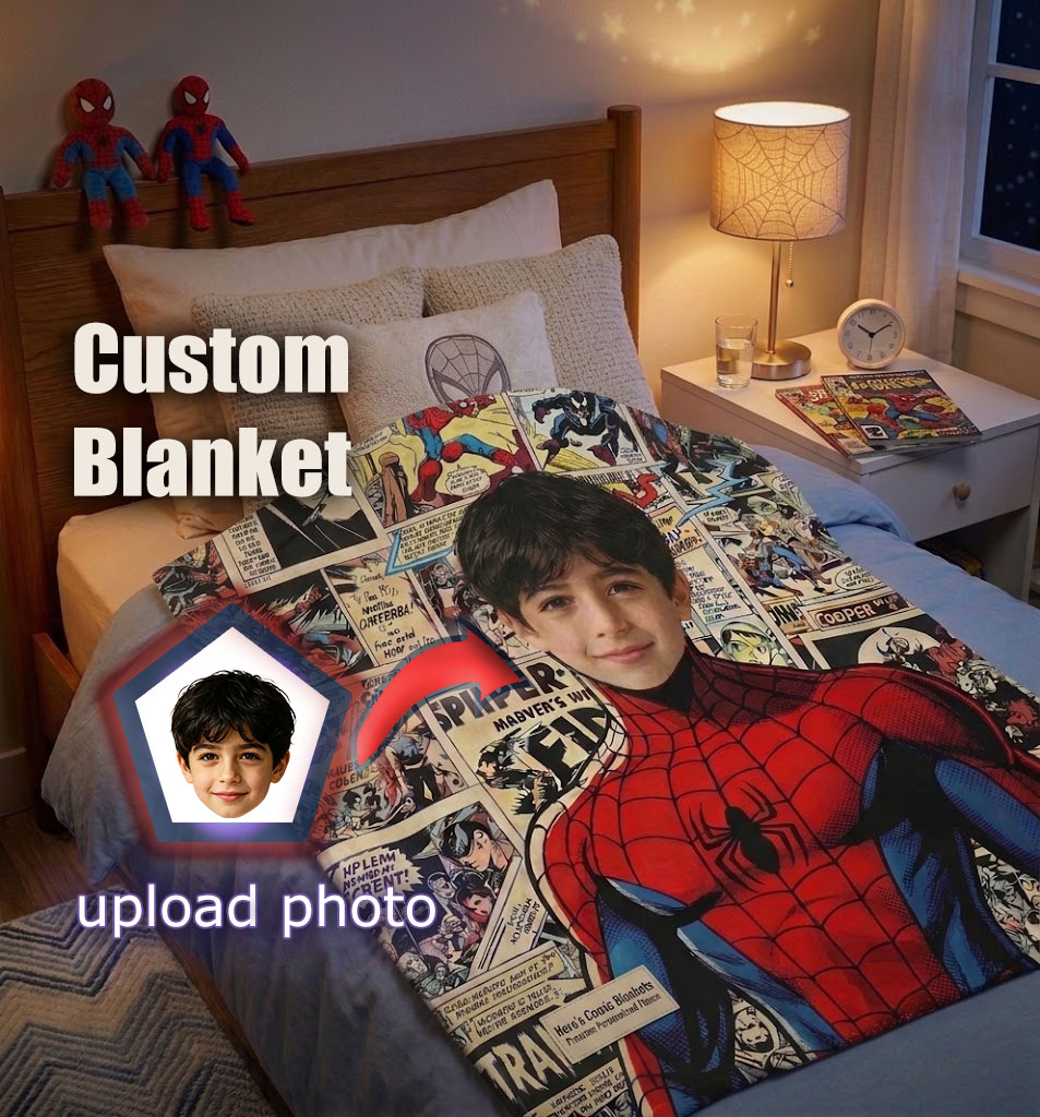 Personalized Upload Photo Blanket, Custom Spider‑Man Superhero Portrait Throw Blanket, 280GSM Soft Flannel Blanket, Unique Birthday Holiday Gift for Boys, for Bedroom Couch Camping Travel