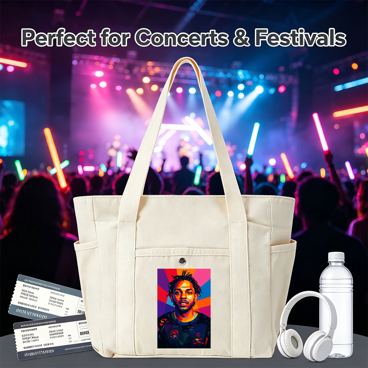 Kendrick Lamar Portrait in Vibrant Geometric Art Style with Colorful Radiant Background - Multi-pocket bags