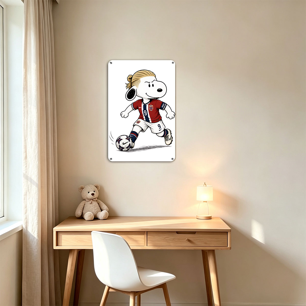 Snoopy as Norway Soccer Player, Wearing #9 Jersey, Kicking Ball - painting