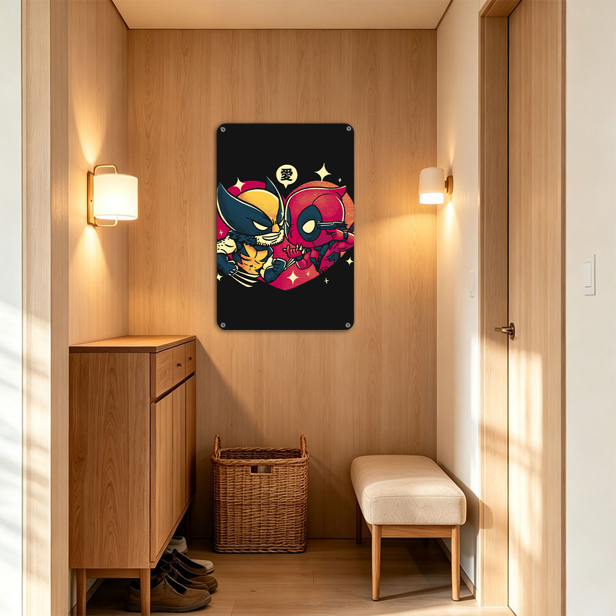 Wolverine and Deadpool in a Heart-Shaped Embrace with Love Symbol - painting