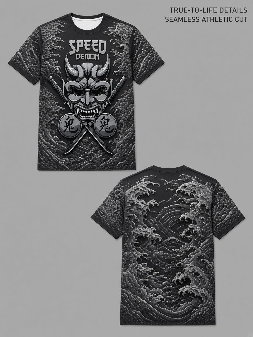 Japanese Oni Speed Demon 3D Optical Illusion Graphic Tee, Breathable Athletic Mesh T-Shirt for Casual and Sports Wear